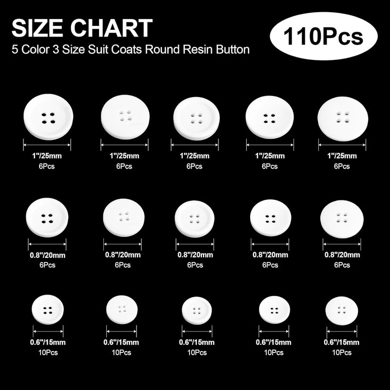 OELFFOW 110Pcs White Mixed Sewing Buttons, 4-Hole Craft Round Blazer Buttons, 5 Color 3 Size (15mm, 20mm, 25mm) Suit Coats Resin Button, Suitable for Variety Clothing Sewing, DIY Craft (White) - Image 2
